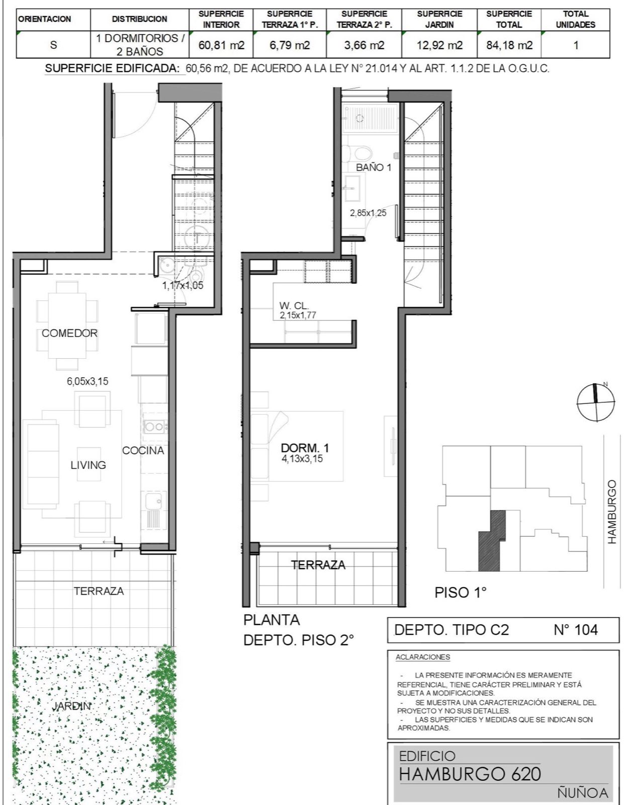 Planta plano del departamento — Departamento 104, Edificio Hamburgo 620