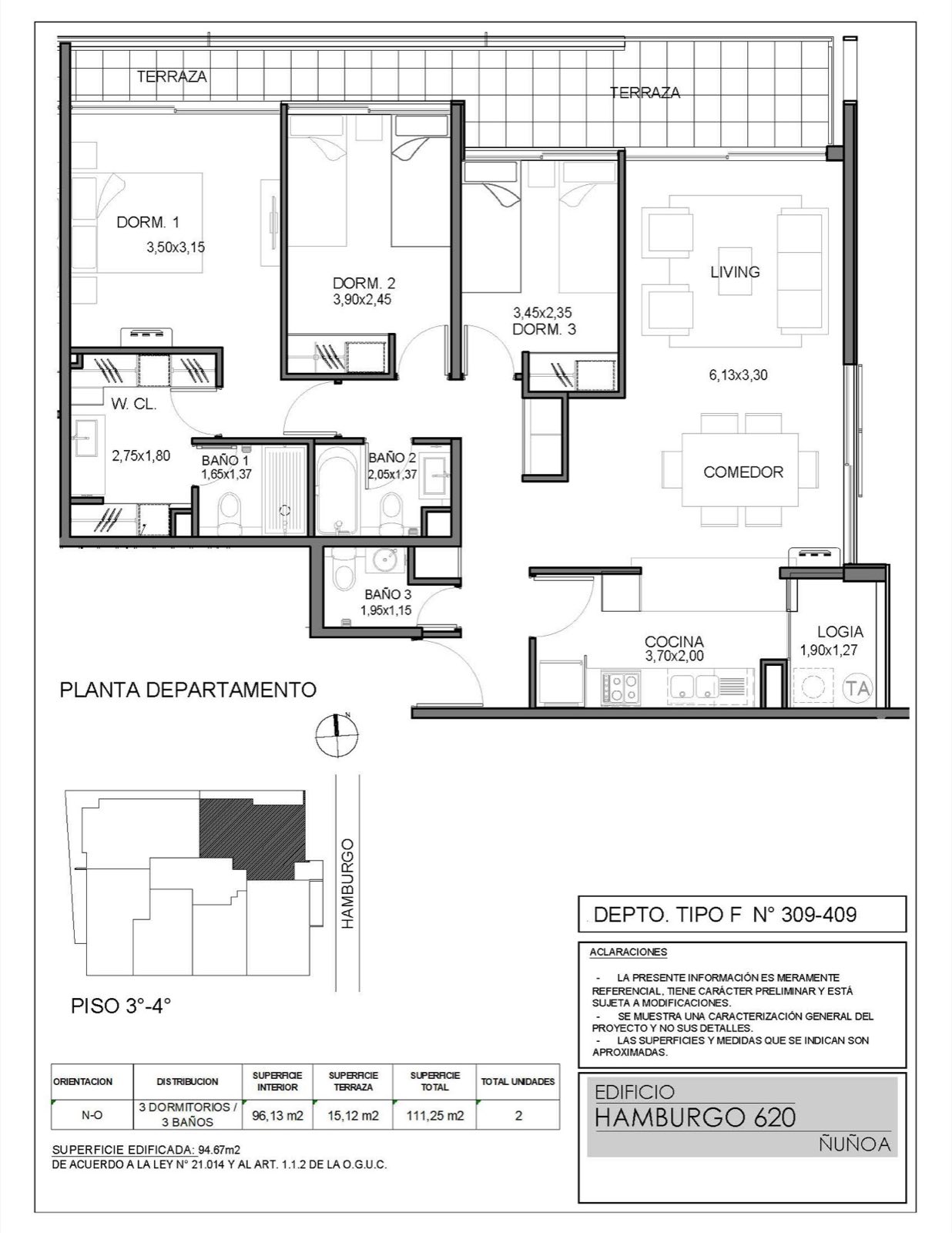 Planta plano del departamento — Departamento 309, Edificio Hamburgo 620